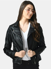 Women Black Lightweight Genuine Leather Crop Jacket | QAWACH