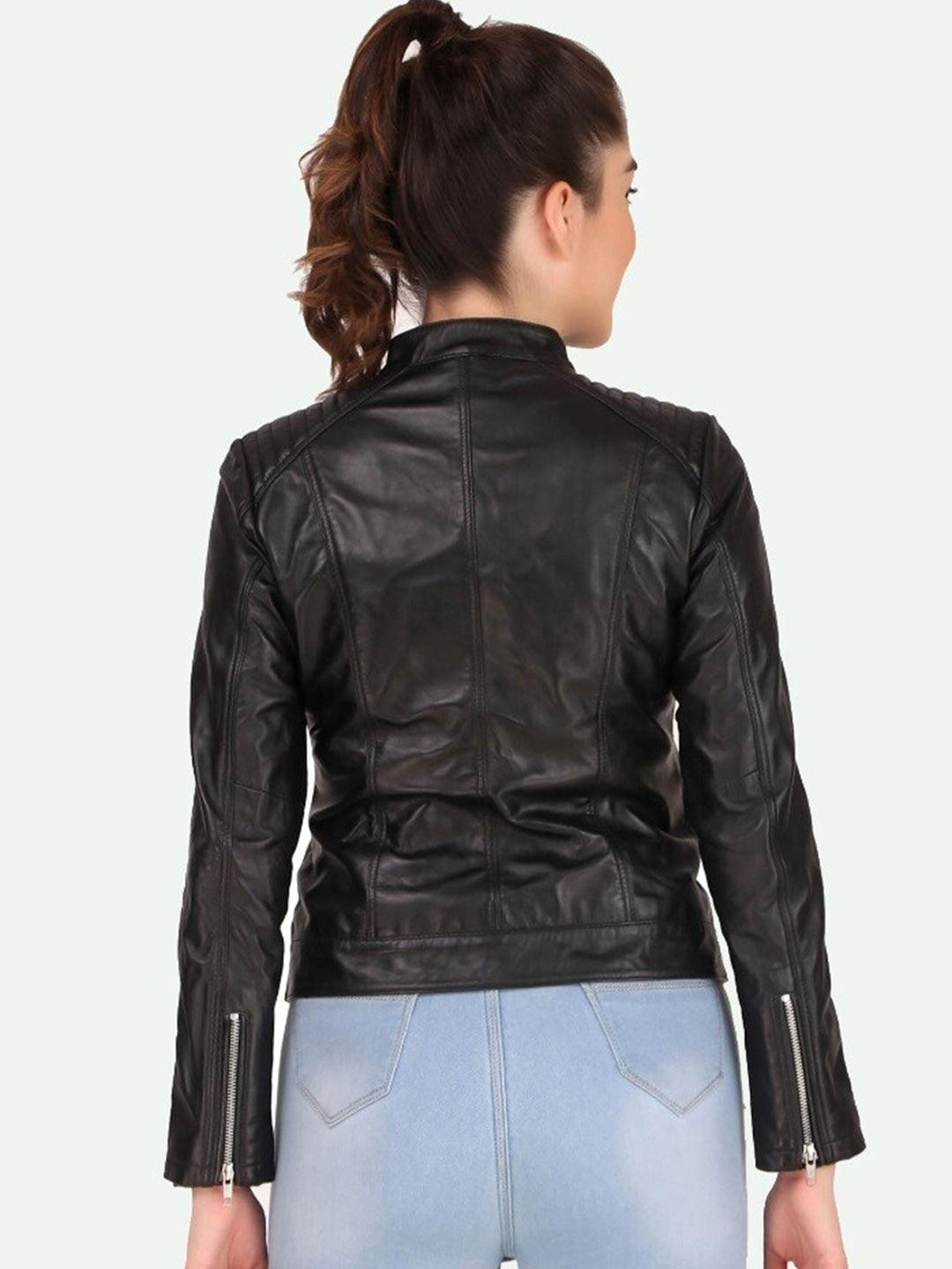 Women Black Leather Crop Outdoor Biker Jacket - Qawach Leather