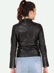 Women Black Leather Crop Outdoor Biker Jacket