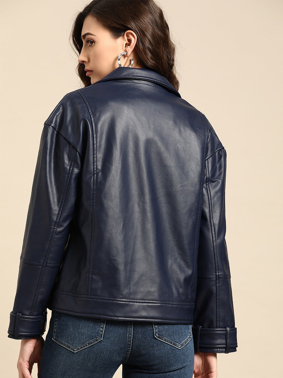 Women Navy Blue Solid Biker Jacket | QAWACH