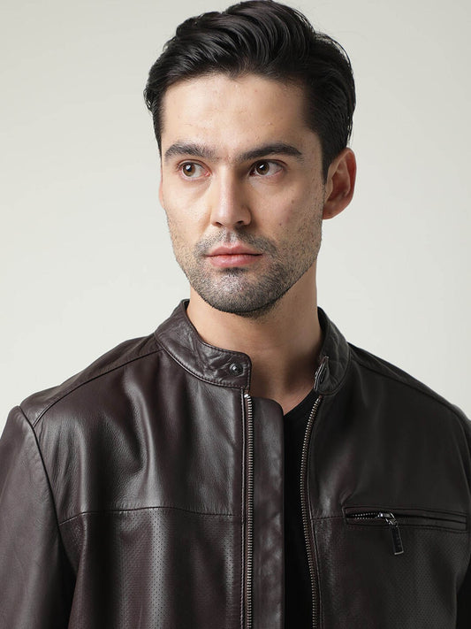 Shop Men Brown Leather Biker Jacket | QAWACH