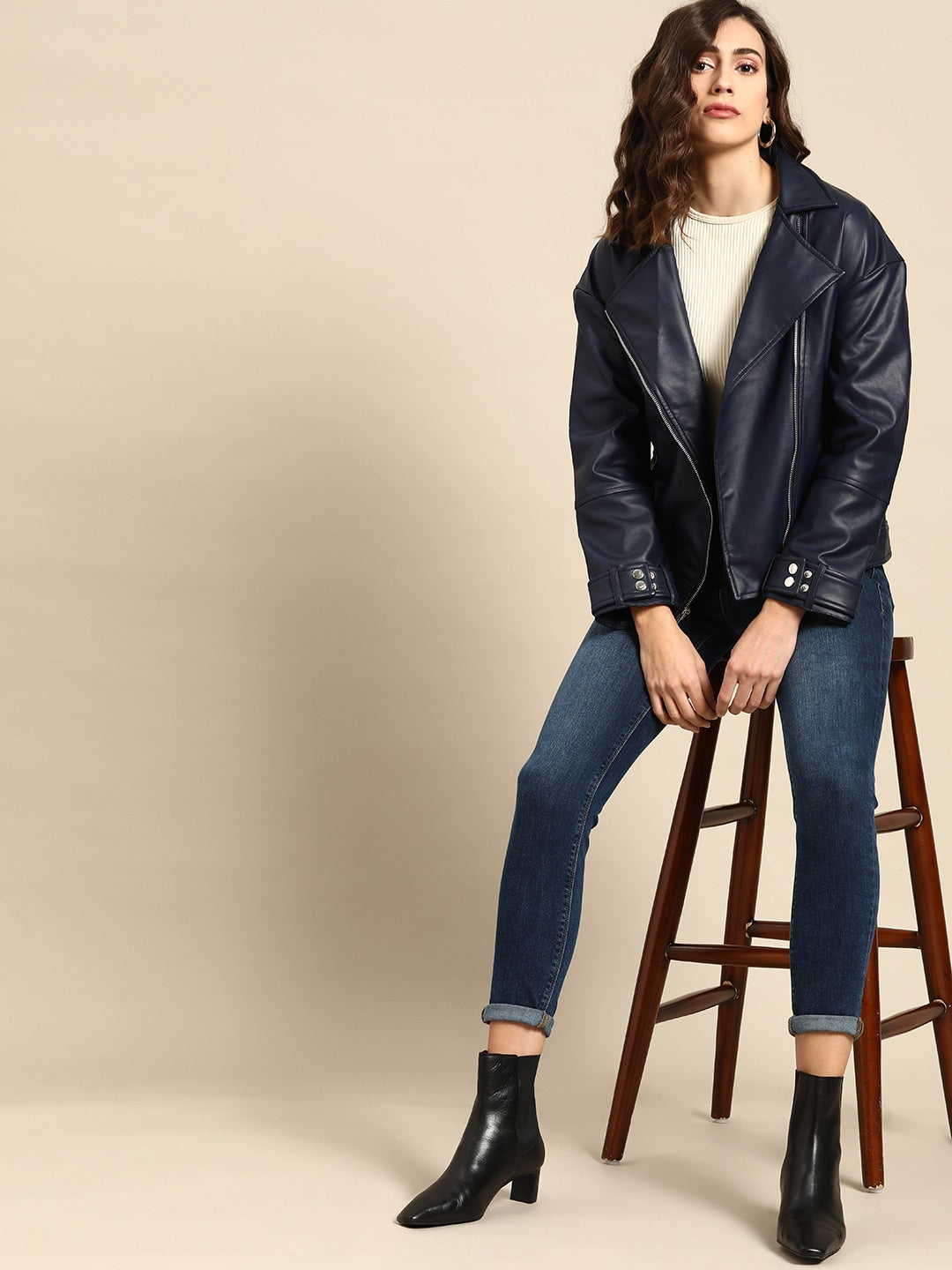 Women Navy Blue Solid Biker Jacket | QAWACH