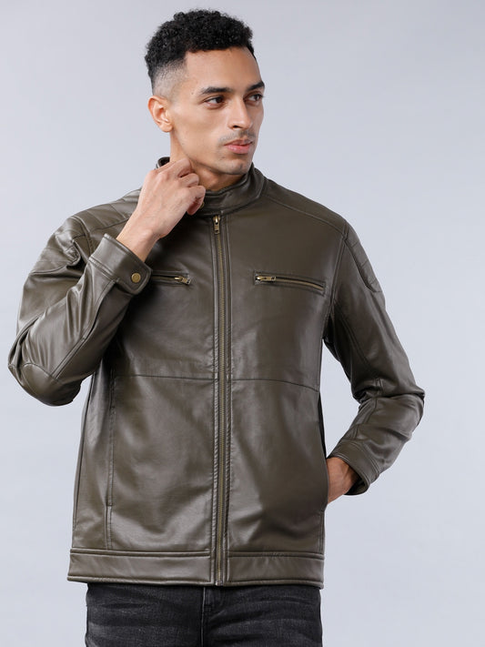 Shop Men Olive Green Solid Leather Biker Jacket | QAWACH