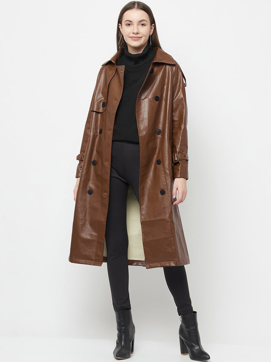 Women Coffee Brown Solid Double-Breasted Trench Coat