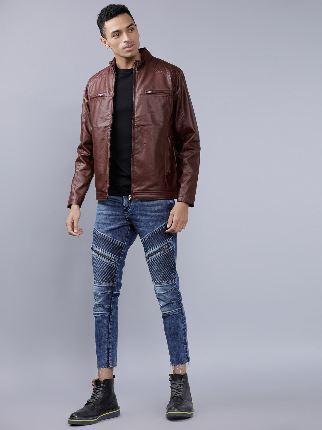 Men Burgundy Solid Leather Jacket | QAWACH