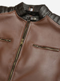 Men Brown Solid Leather Jacket | QAWACH