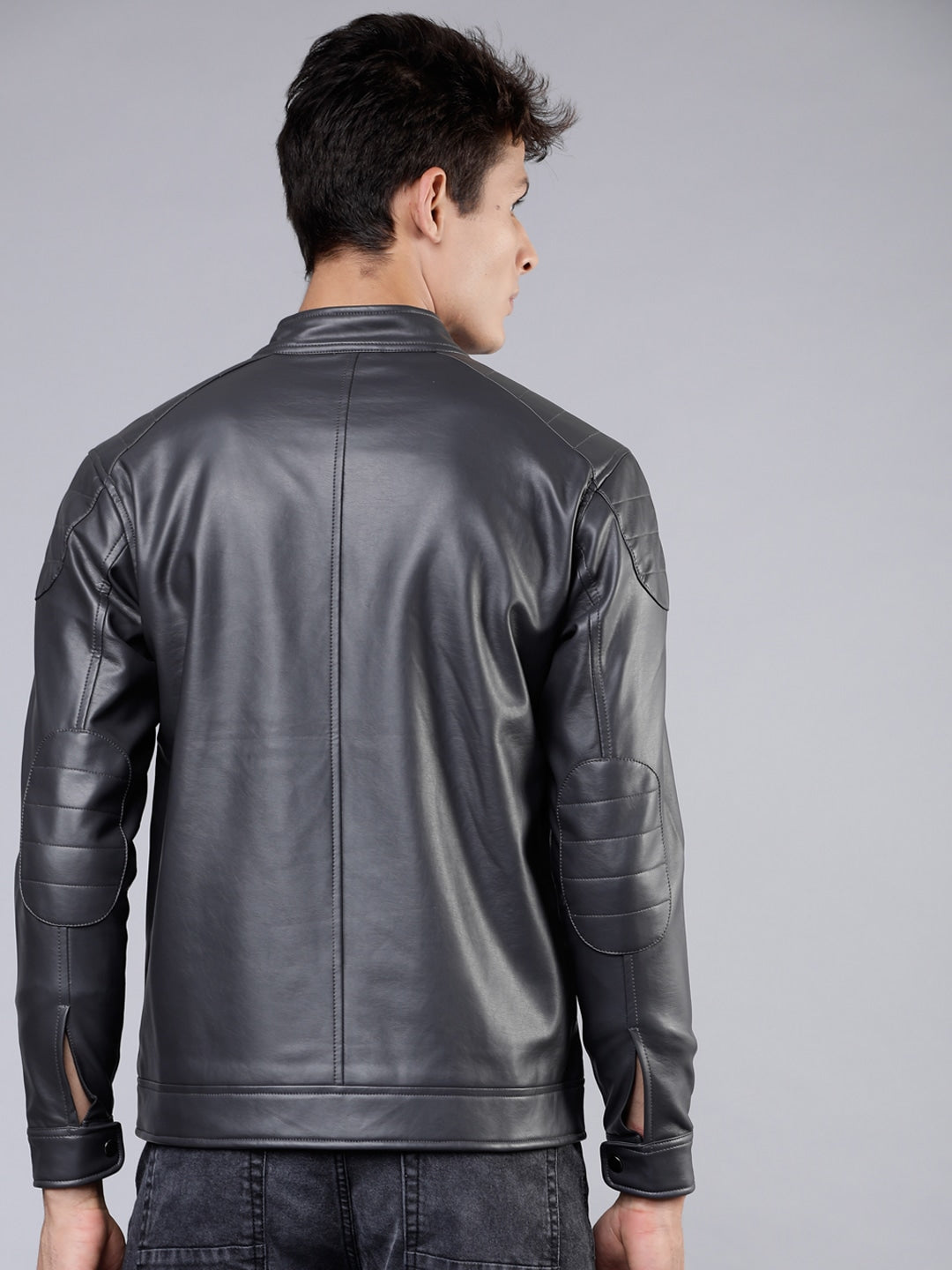 Men Charcoal Grey Solid Leather Biker Jacket | QAWACH