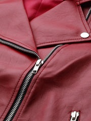 Women Maroon Solid Lightweight Leather Jacket | QAWACH