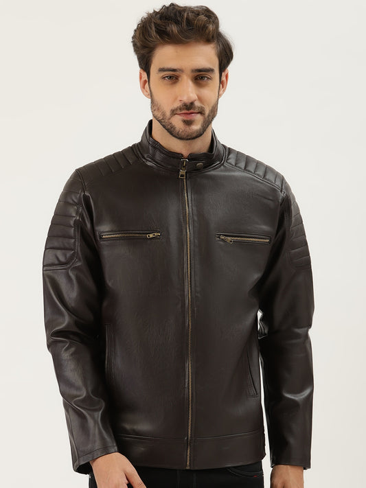 Men Coffee Brown Solid Leather Jacket | QAWACH