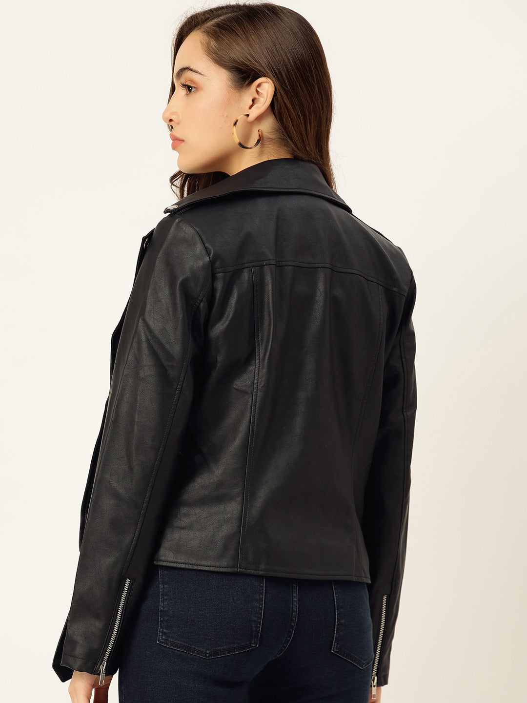 Women Black Solid Lightweight Leather Jacket | QAWACH