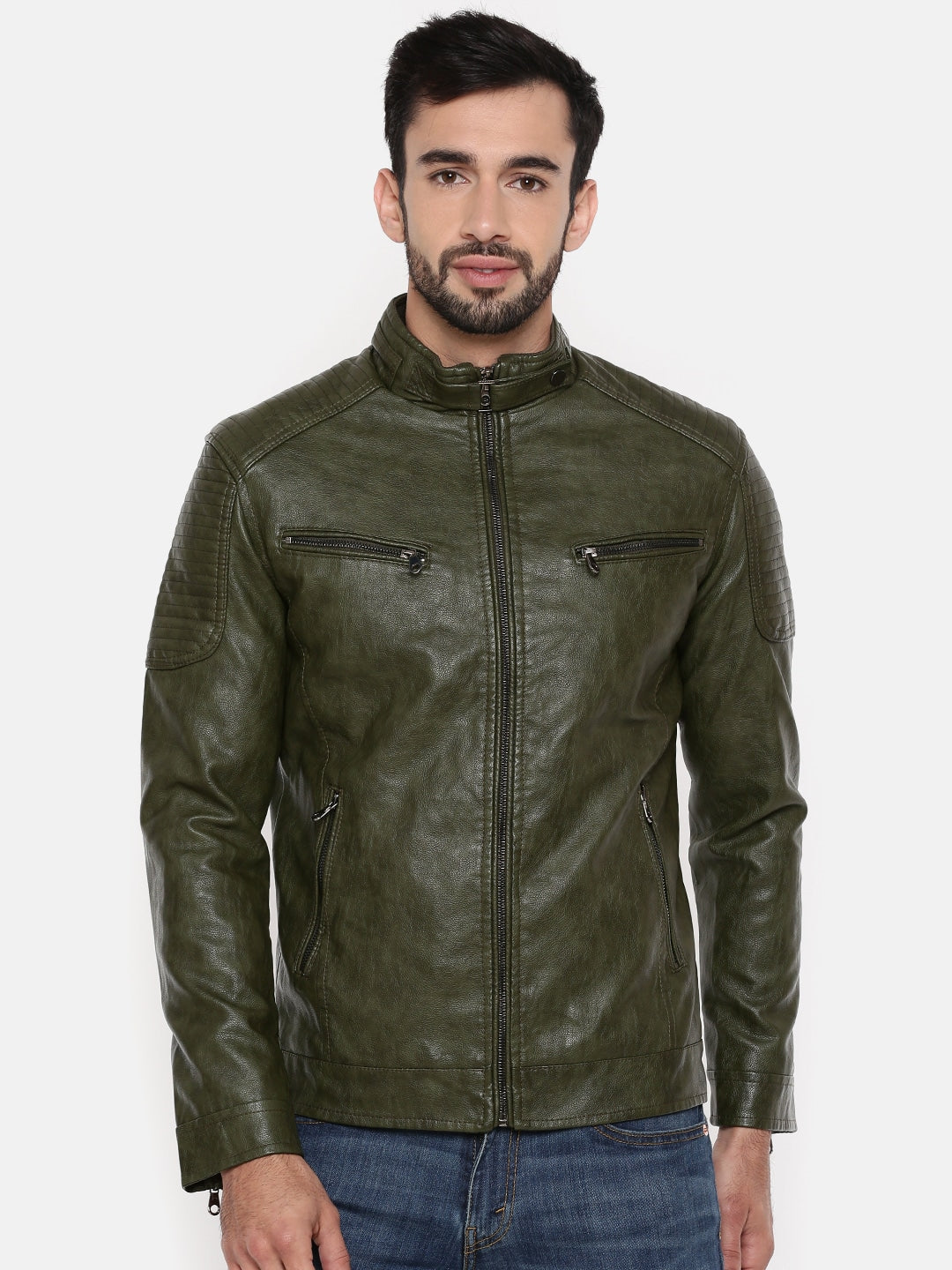 Men Olive Green Solid Biker Jacket | QAWACH