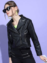 Women Black Leather Crop Biker Jacket - Qawach Leather