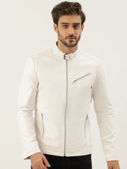 Men White Solid Leather Jacket for sale | QAWACH