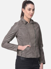 Women Genuine Leather Crop Bomber Jacket | QAWACH