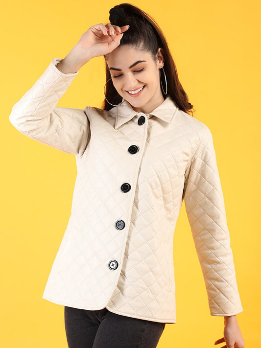 Women Off White Leather Quilted Jacket | QAWACH
