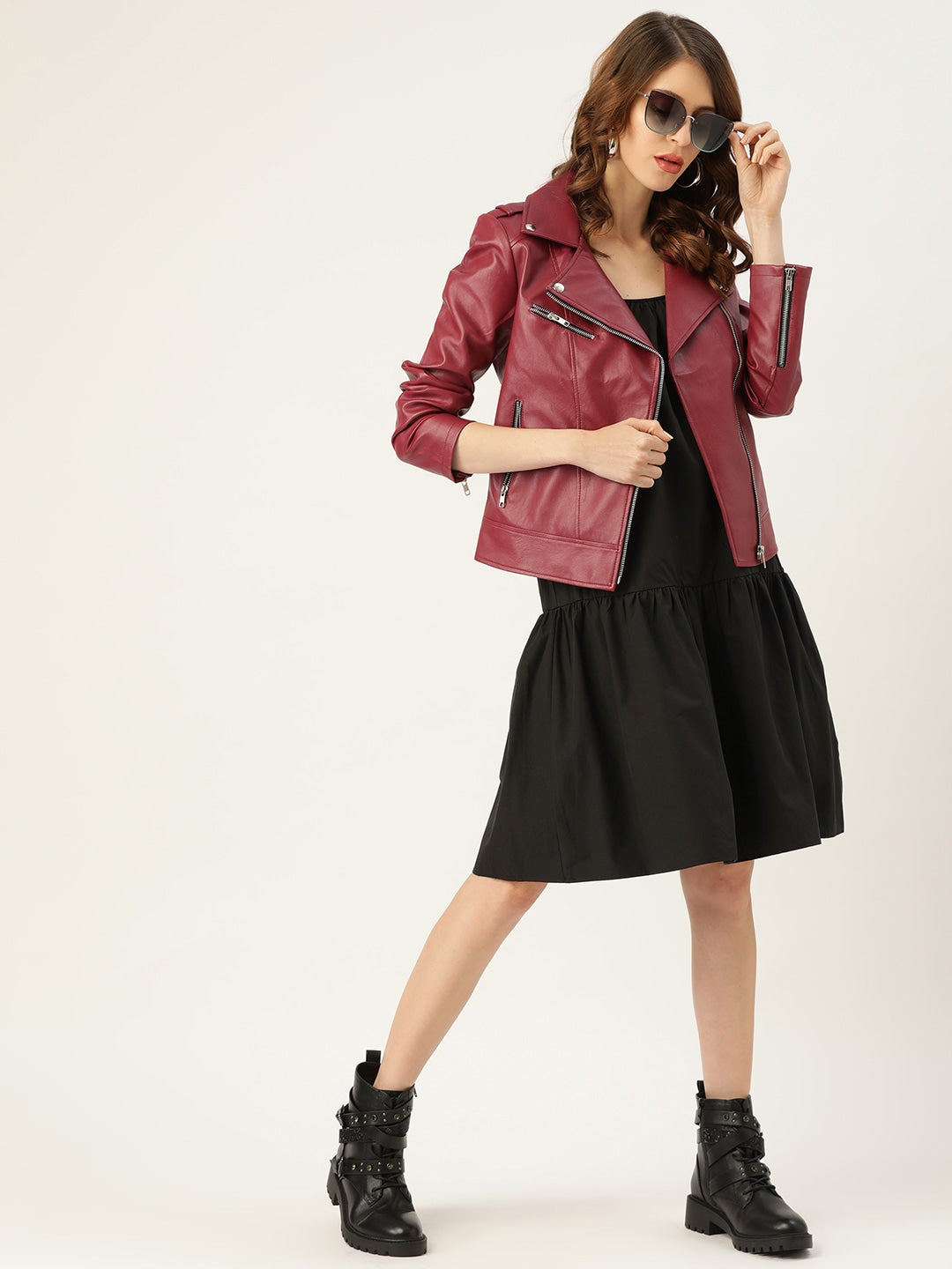 Women Maroon Solid Lightweight Leather Jacket | QAWACH