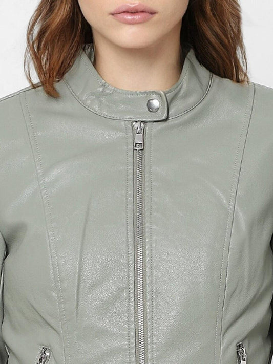 Women Green Solid Leather Jacket - Qawach Leather