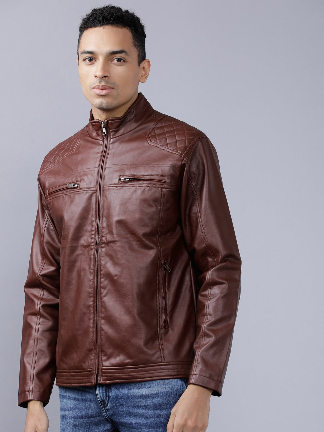 Men Burgundy Solid Leather Jacket | QAWACH