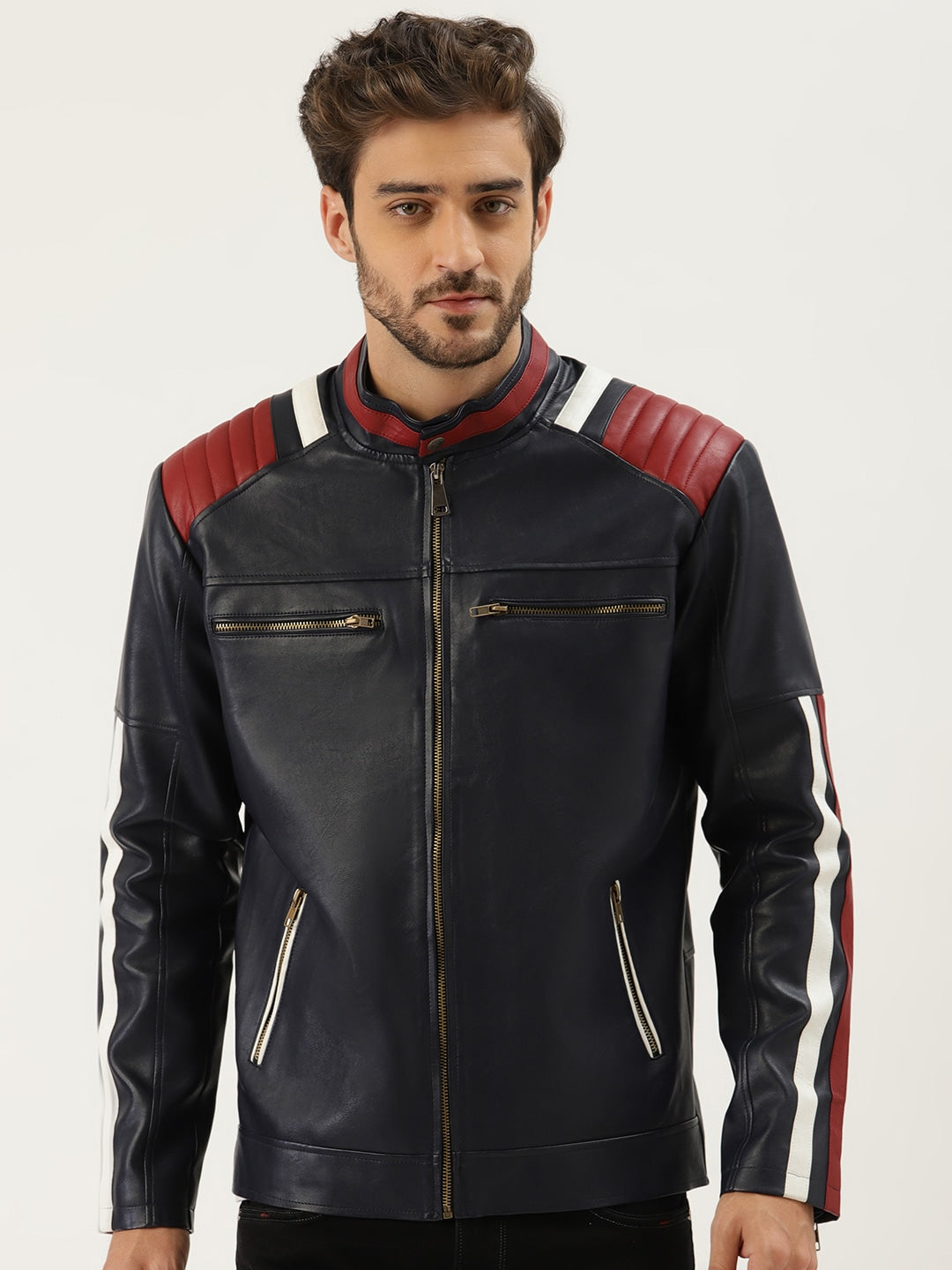 Shop Men Navy Blue Solid Leather Jacket | QAWACH