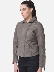 Women Genuine Leather Crop Bomber Jacket | QAWACH