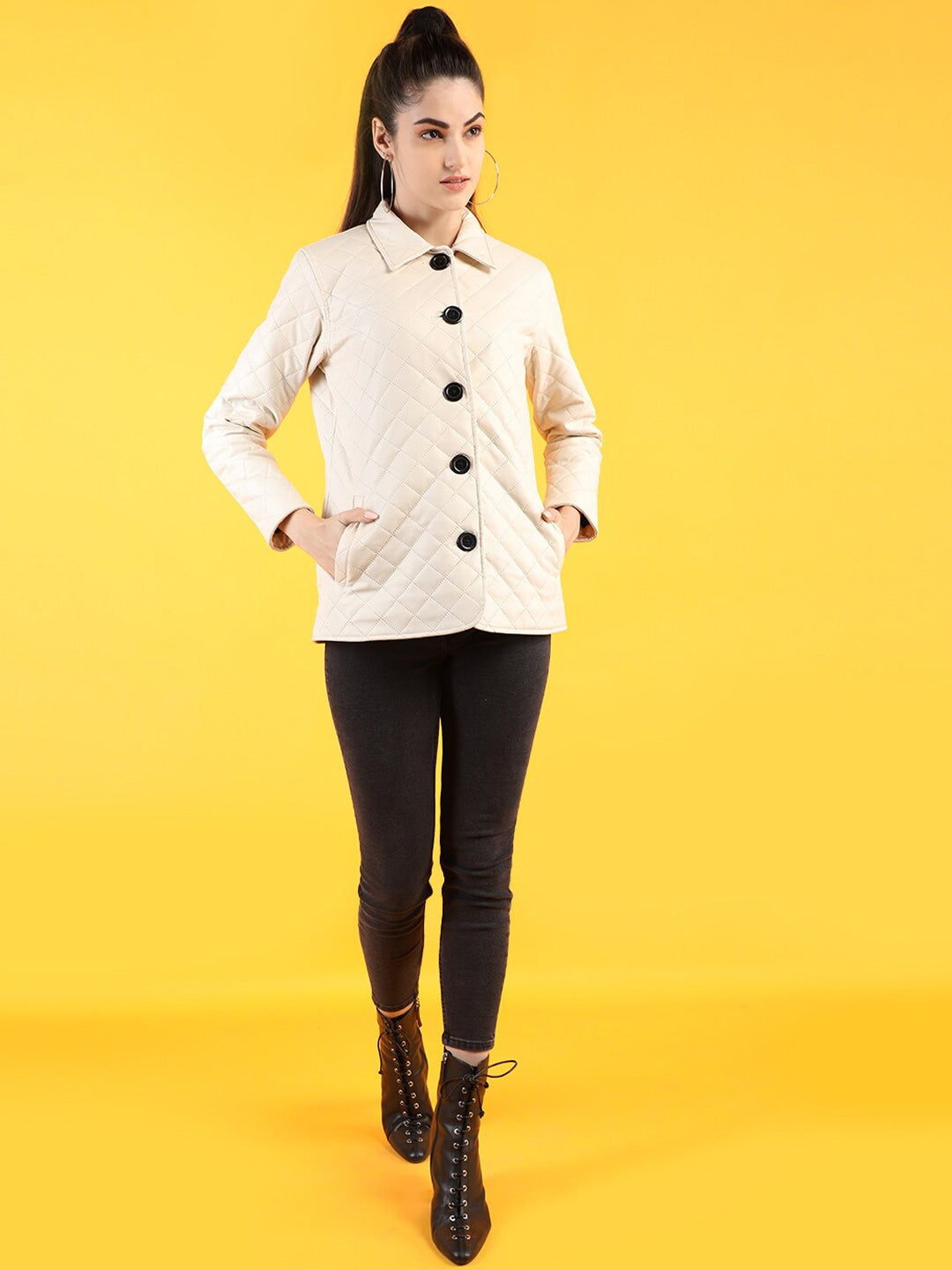 Women Off White Leather Quilted Jacket | QAWACH