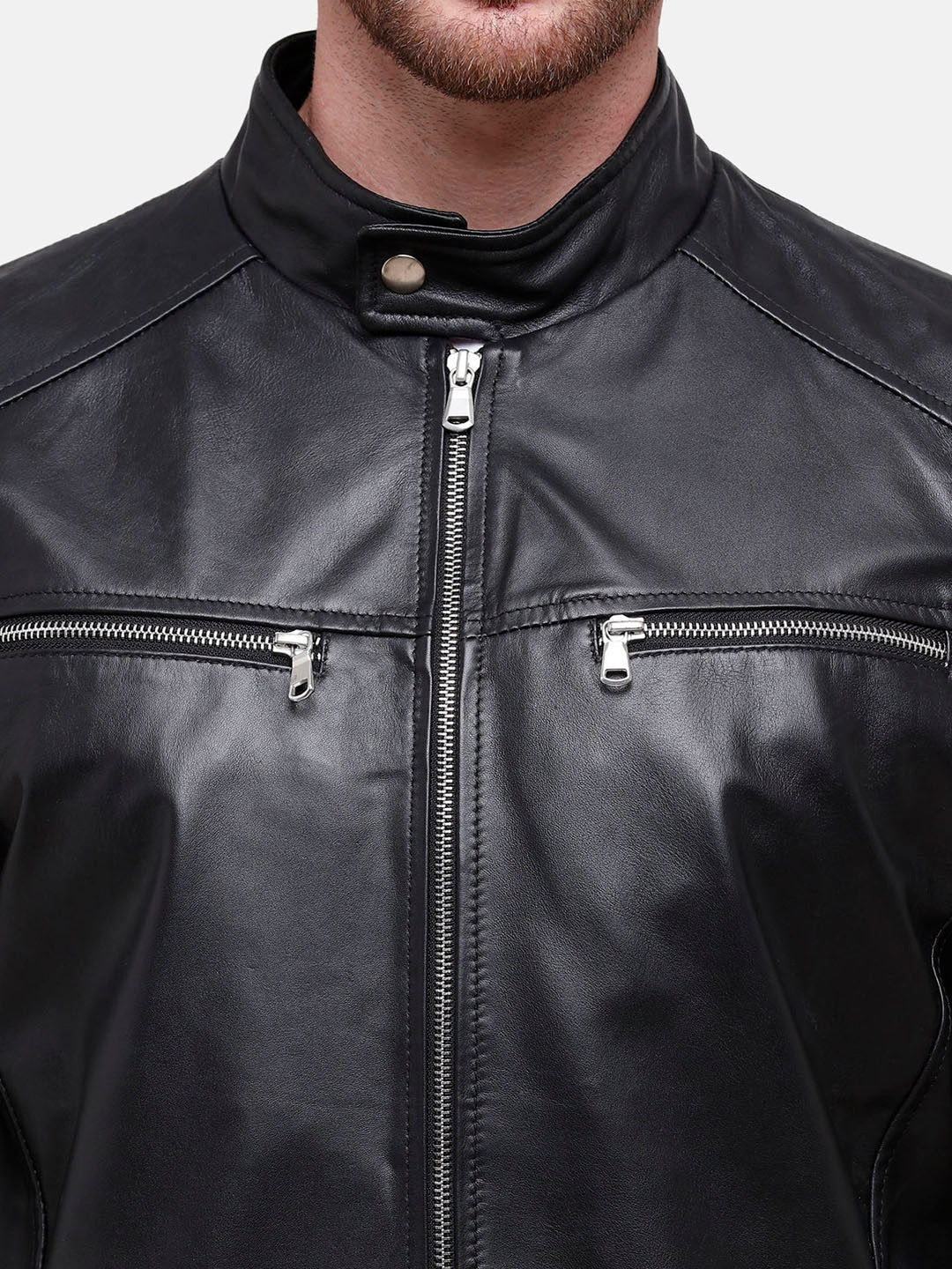 Men Black Solid Leather Biker Jacket | QAWACH