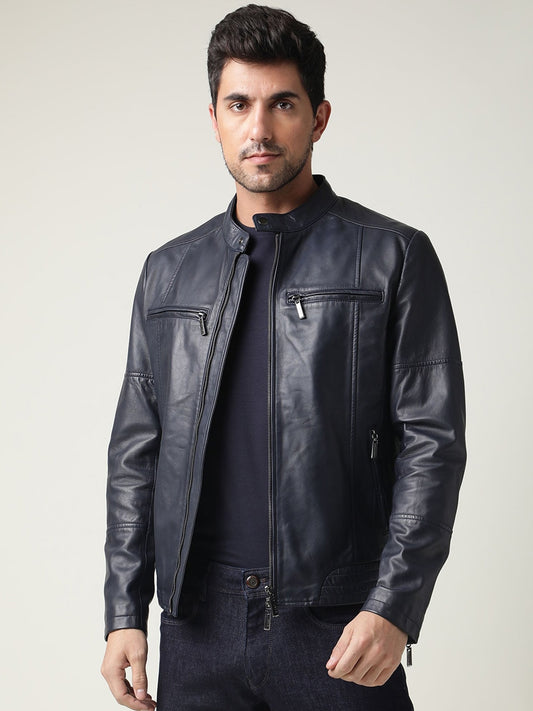 Stand Collar Leather Jacket | QAWACH