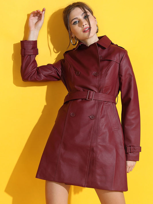 Women Burgundy Faux Leather Longline Jacket | QAWACH