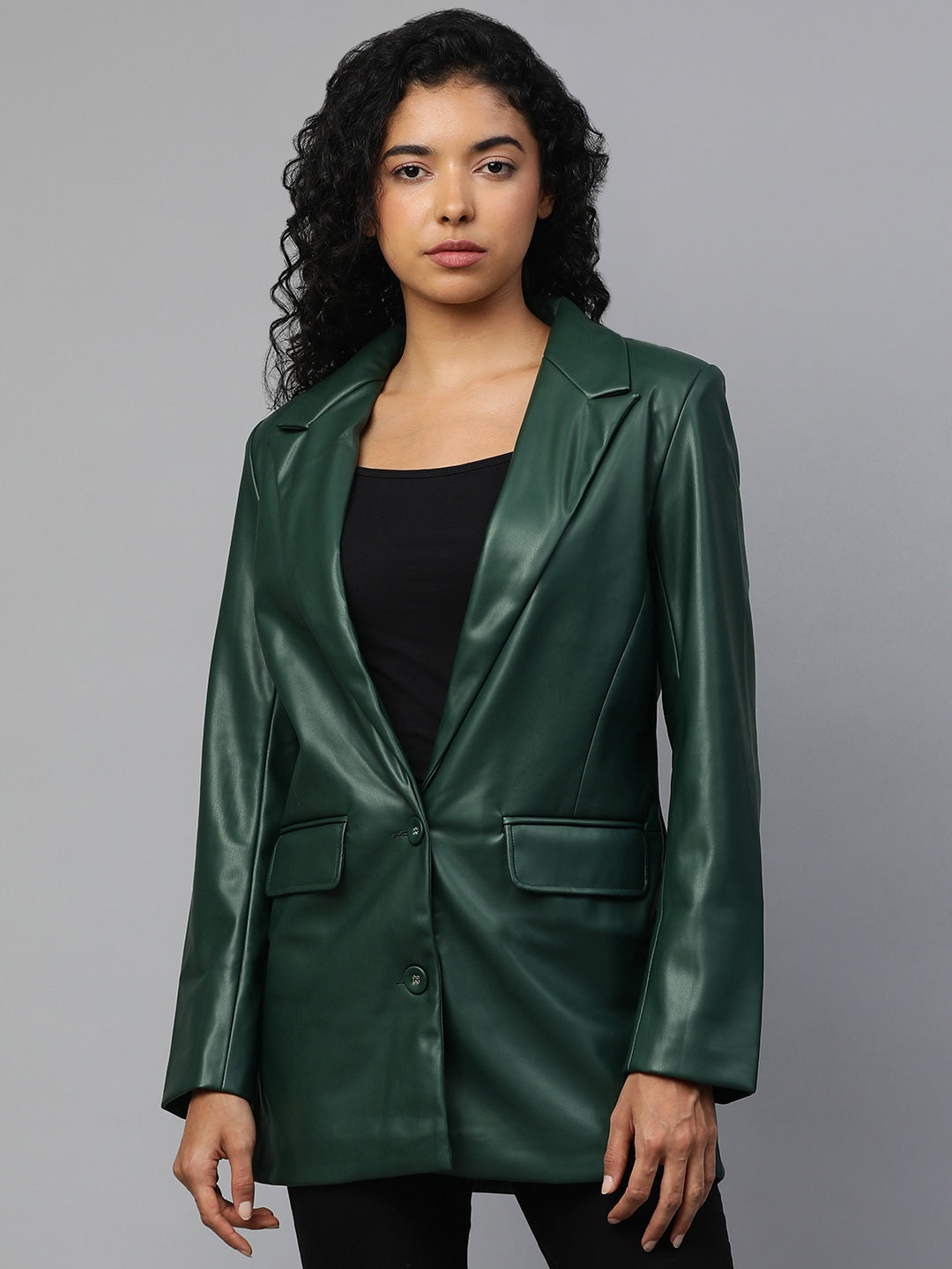 Genuine Leather Oversized Blazer D Green | QAWACH