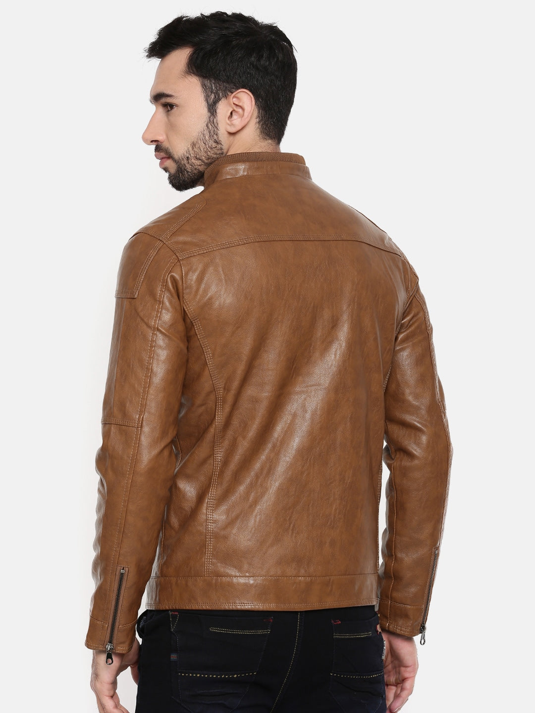Shop Men Brown Solid Biker Jacket | QAWACH