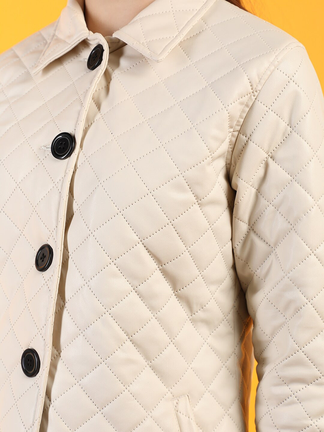Women Off White Leather Quilted Jacket | QAWACH
