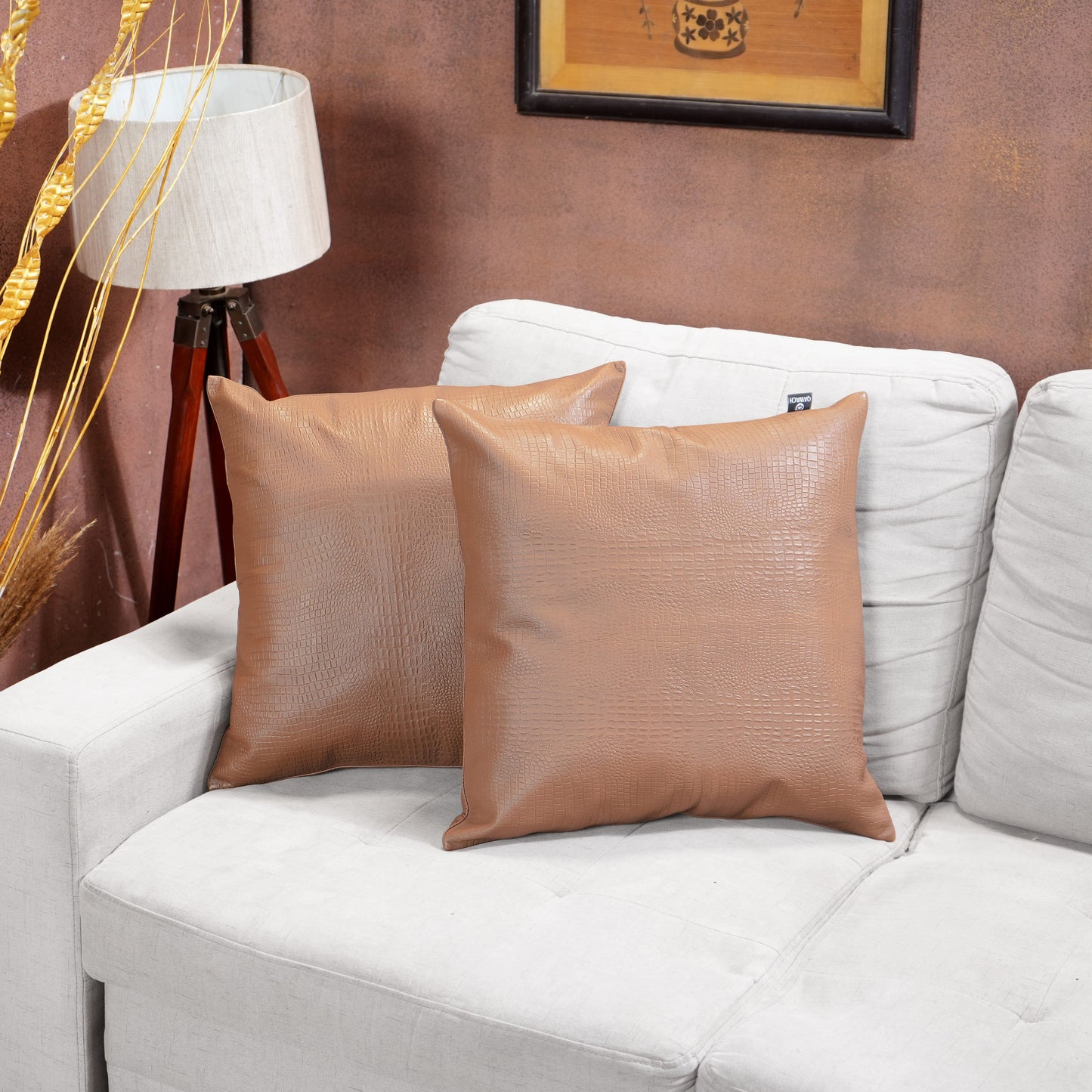 QAWACH Brown Croc Pattern Genuine Leather Pillow Cover