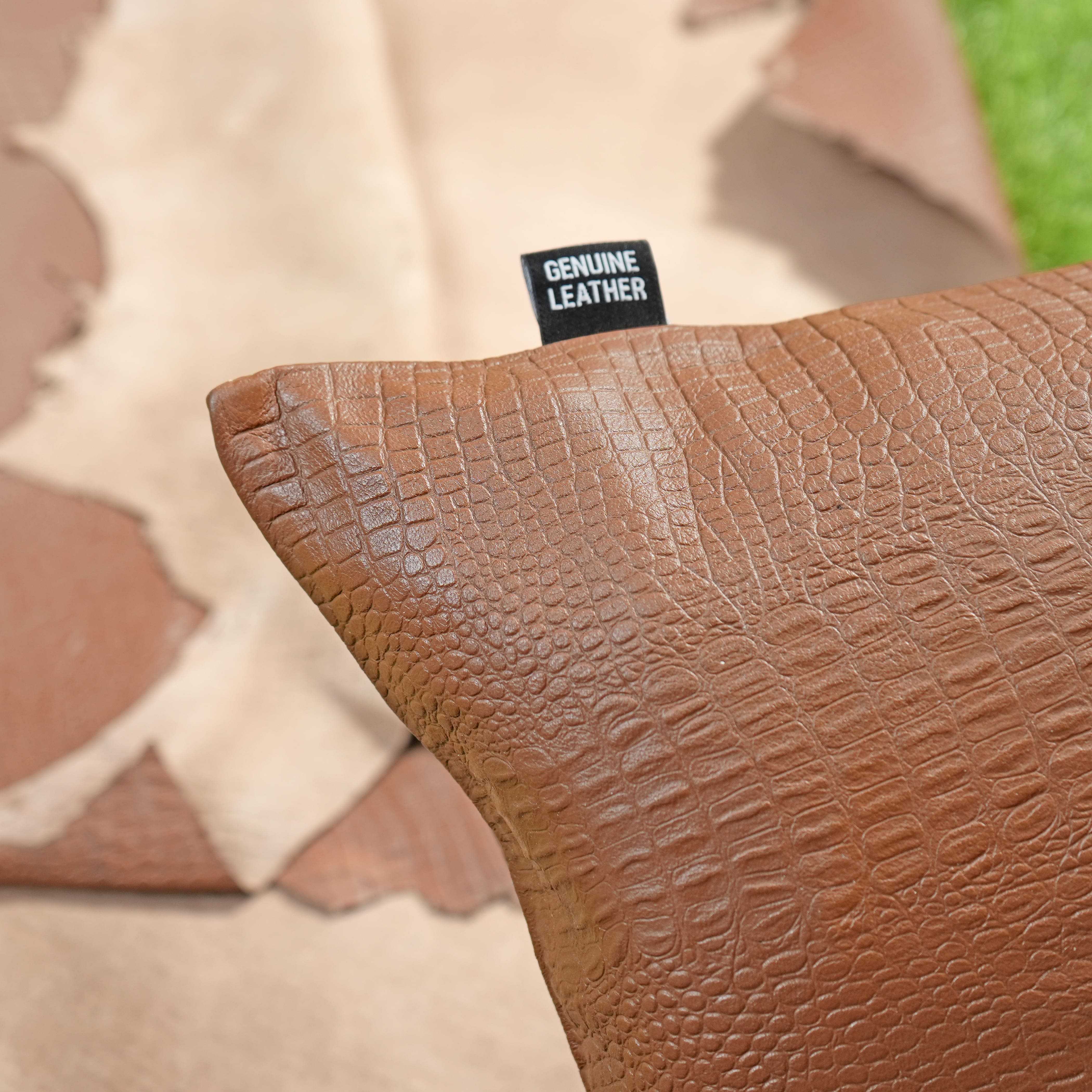 Brown Croc Pattern Leather Pillow Cover | QAWACH