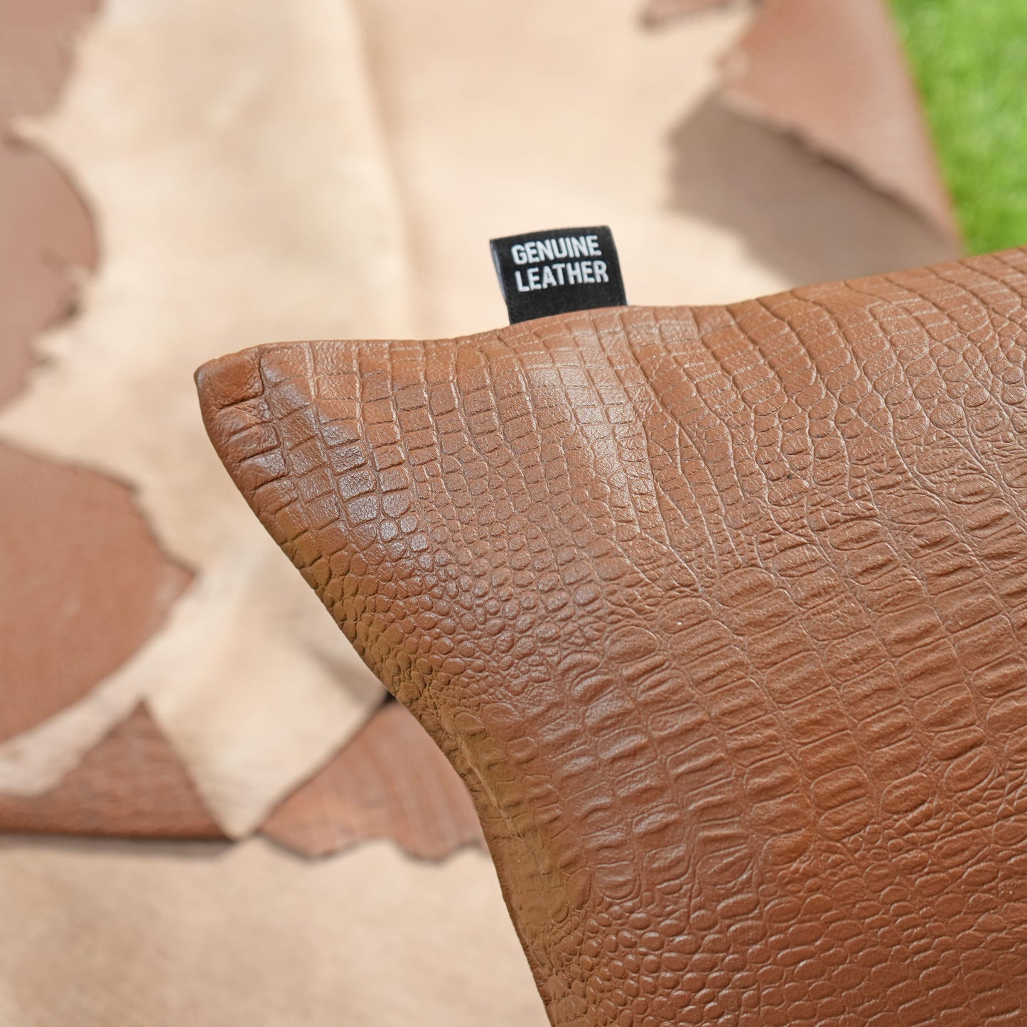 QAWACH Brown Croc Pattern Genuine Leather Pillow Cover