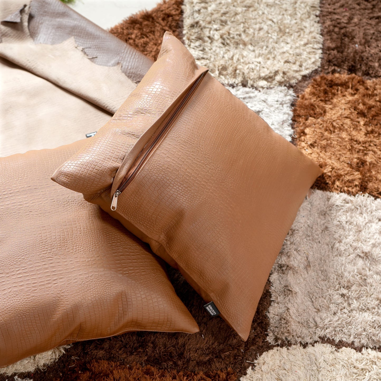 QAWACH Brown Croc Pattern Genuine Leather Pillow Cover