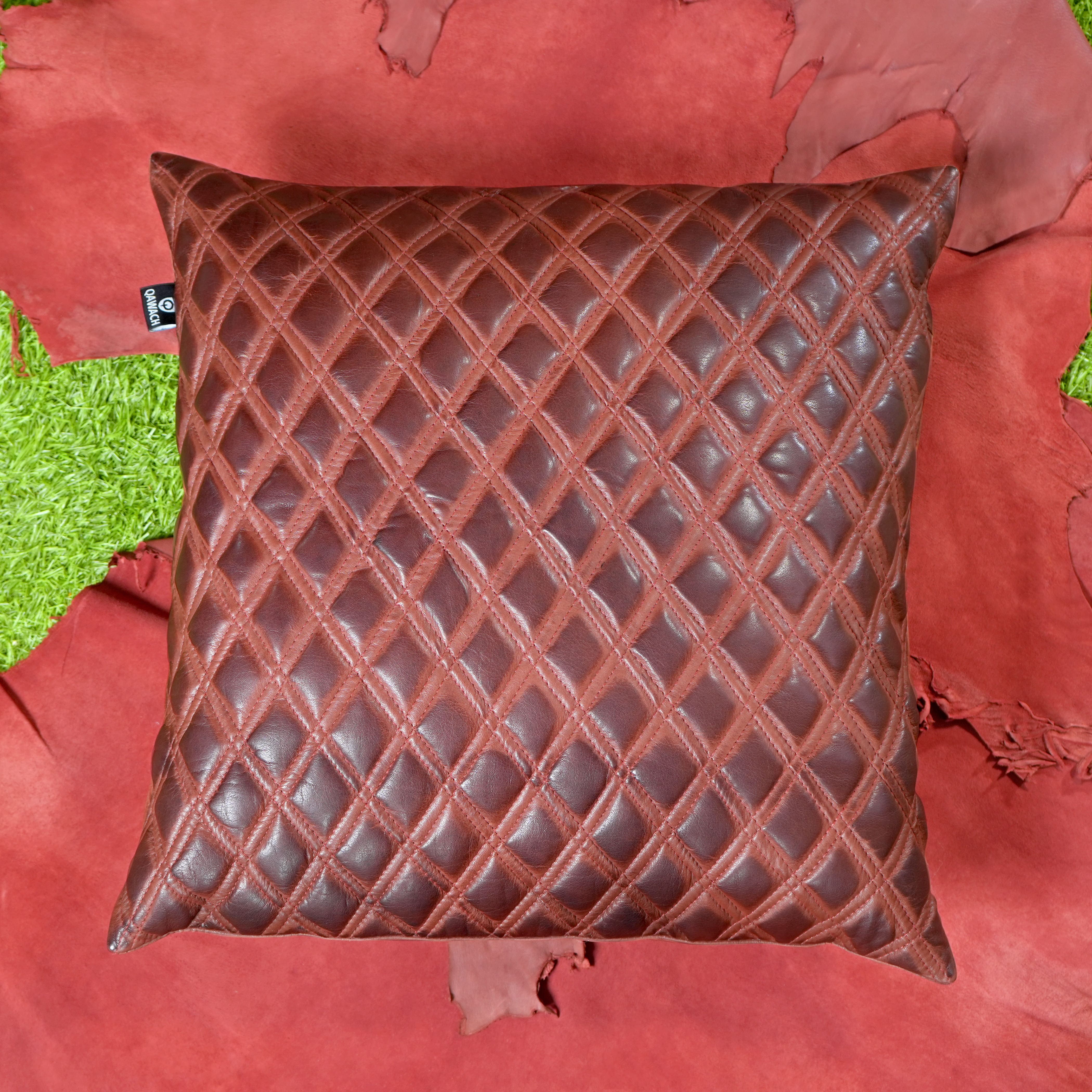 Brown Quilted Pattern Leather Pillow Cover | QAWACH