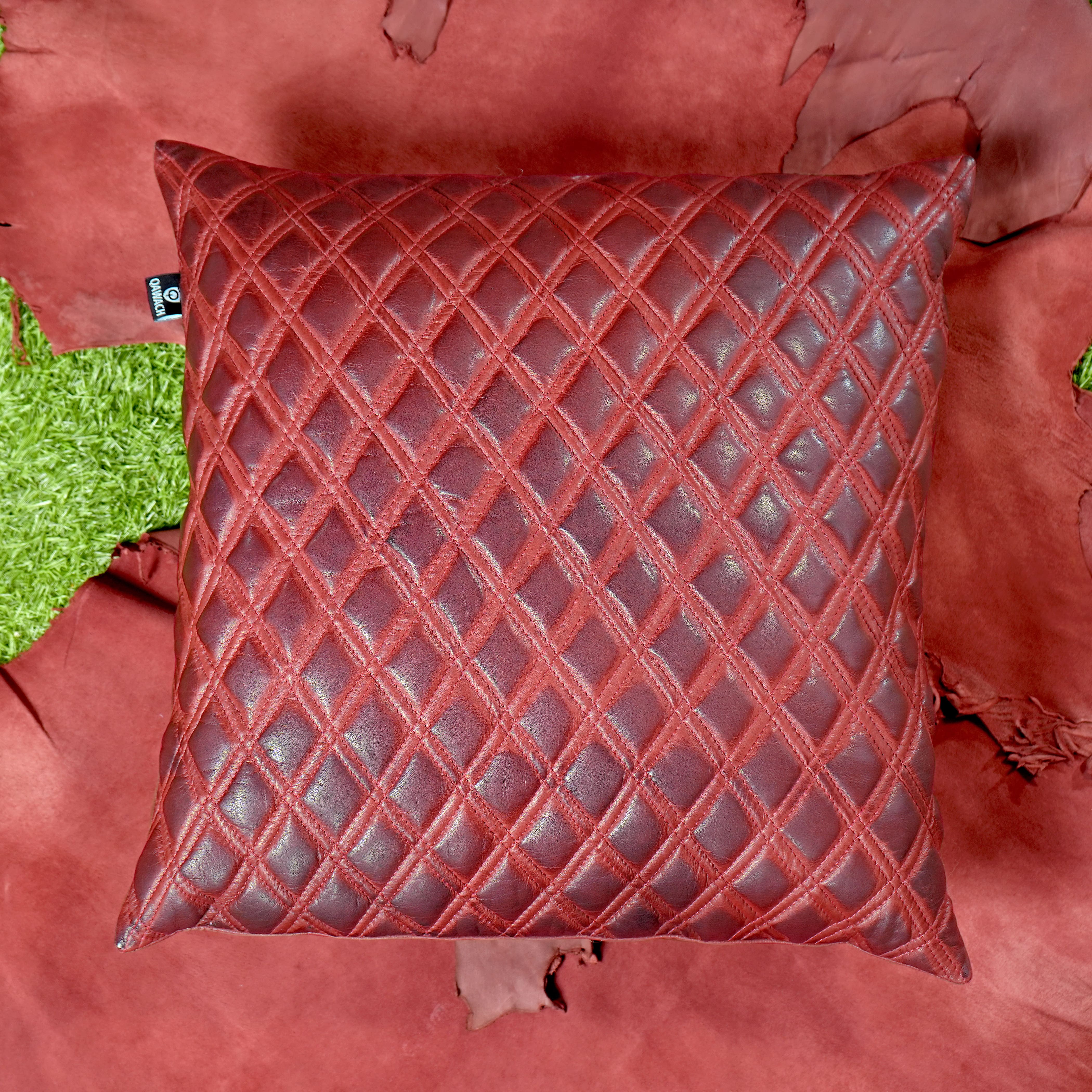 Shop Maroon Quilted Leather Pillow Cover | QAWACH