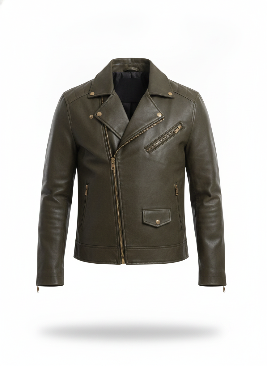 men-olive-green-solid-leather-biker-jacket - ghost_front