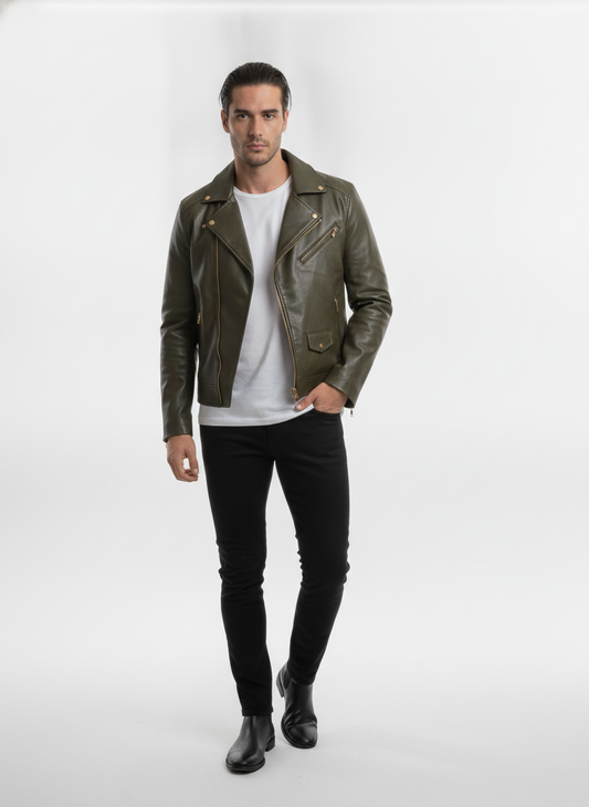 men-olive-green-solid-leather-biker-jacket - vton_front