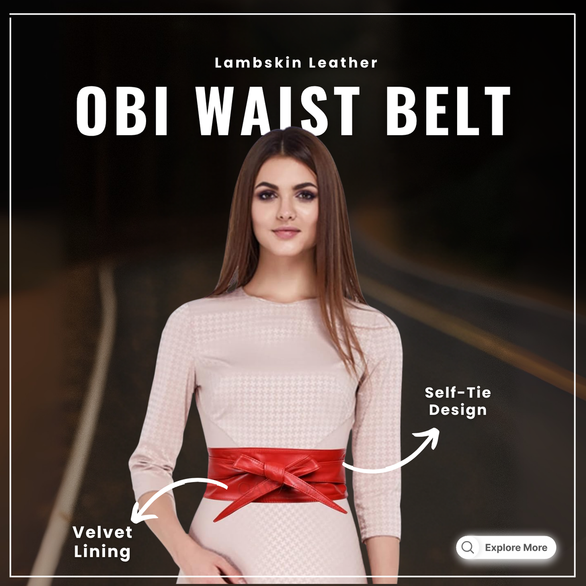 Lambskin leather obi waist belt