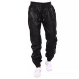 Black Leather Joggers Men's Drawstrings Black Genuine Leather Joggers Ankle Zip