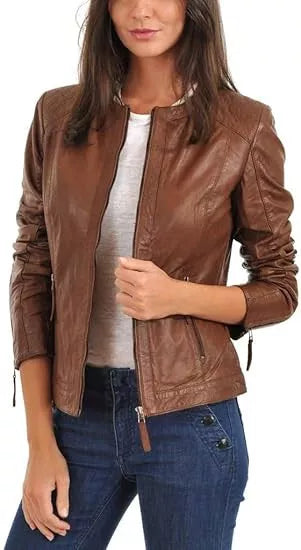 New Women's Brown Slim Fit Biker Style Moto Real Lambskin Leather Jacket