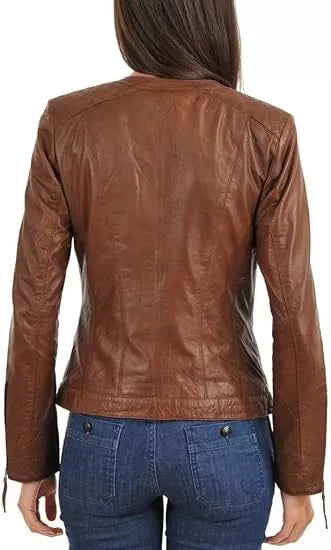 New Women's Brown Slim Fit Biker Style Moto Real Lambskin Leather Jacket