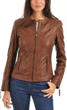 New Women's Brown Slim Fit Biker Style Moto Real Lambskin Leather Jacket