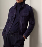 Qawach Men's Royal Blue Suede Leather Trucker Jacket Pure Suede Lambskin Leather Coat