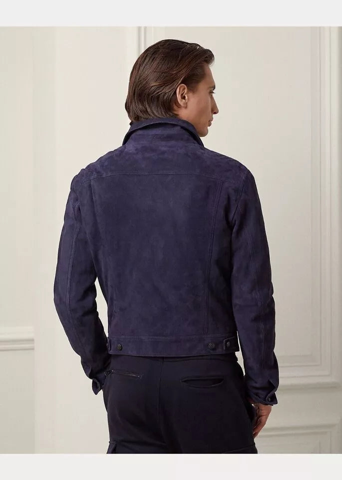 Qawach Men's Royal Blue Suede Leather Trucker Jacket Pure Suede Lambskin Leather Coat