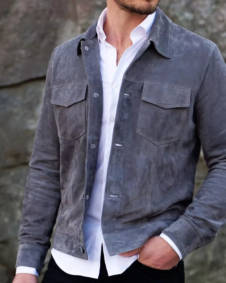 Qawach Men's Blue Leather Trucker Jacket Pure Suede Custom Made Soft Lambskin Jacket