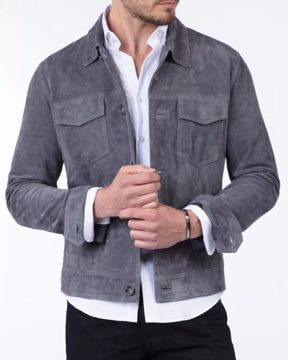 Qawach Men's Blue Leather Trucker Jacket Pure Suede Custom Made Soft Lambskin Jacket