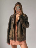 Qawach 60s Oversized Leather Jacket Women's Handmade Distressed Brown Genuine Leather