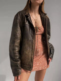 Qawach 60s Oversized Leather Jacket Women's Handmade Distressed Brown Genuine Leather